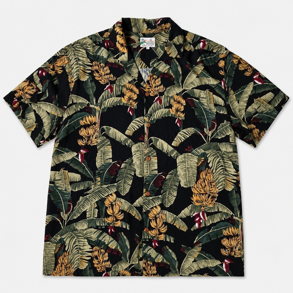 Paradise Found Hawaii Mens 2XL Black Rayon Hawaiian Aloha Banana Camp Shirt